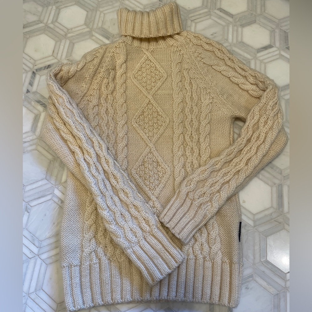 WoolOvers Oversized Turtleneck Aran Cable Knit Chunky Cozy Fisherman Sweater